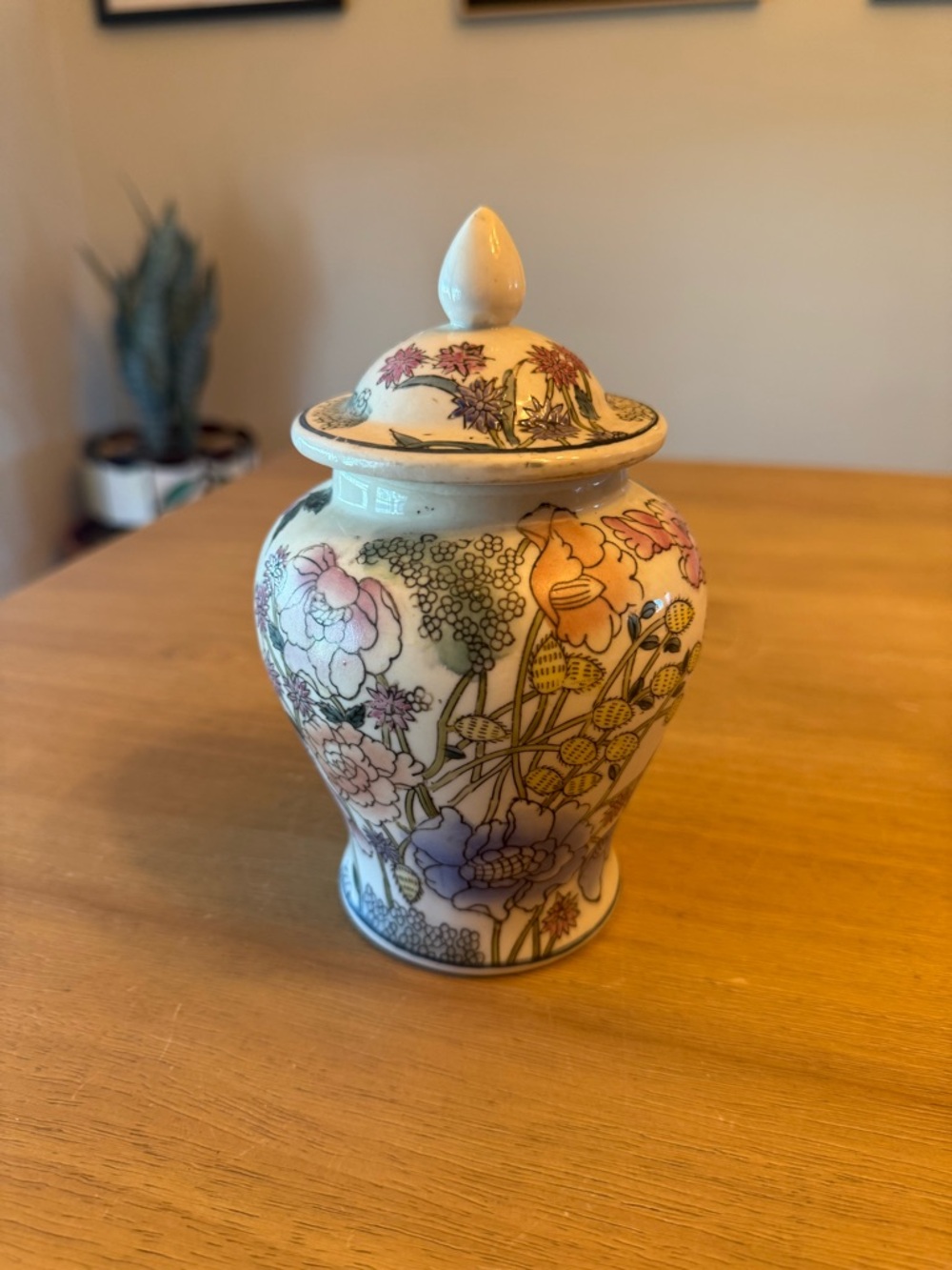 Vintage Floral Porcelain Ginger Jar with Lid - Pink, Blue, Orange Accents 7 inch